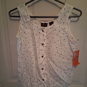 Women's Lizsport Sleeveless White/Black Polka Dot Blouse, Small Petite